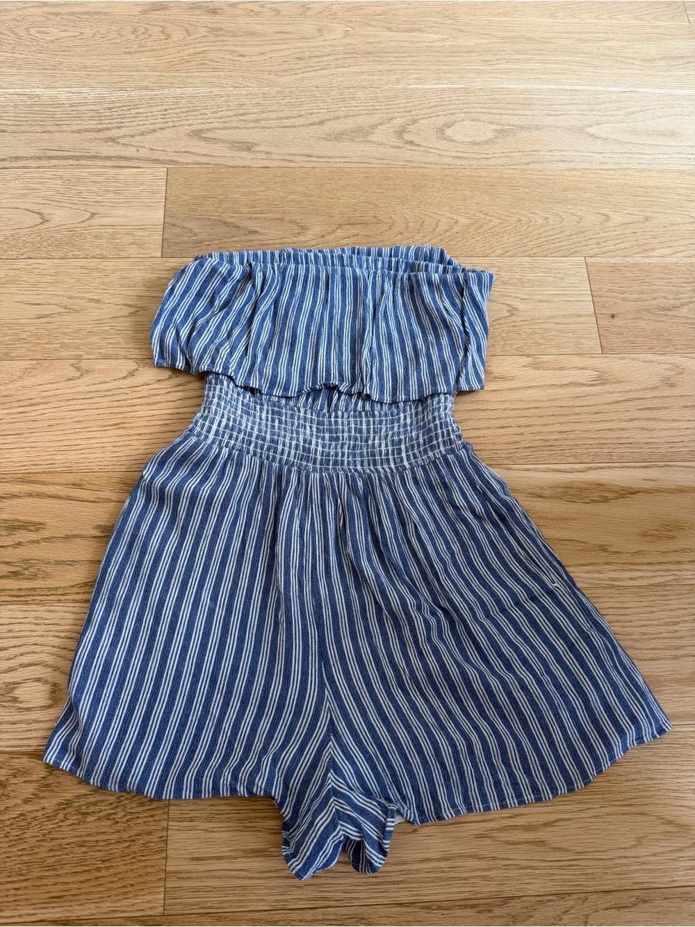 American Eagle Outfitters Blue and White Striped Smocked Strapless Romper
